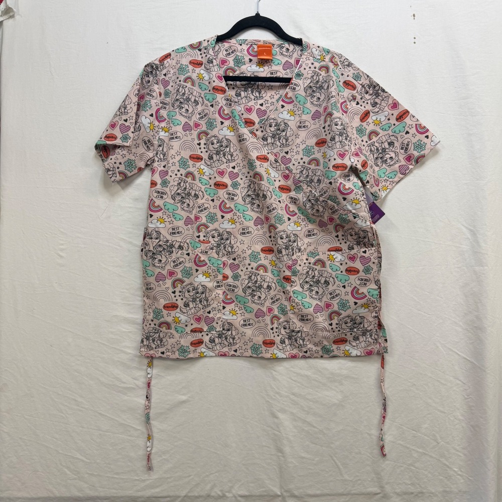 Nickelodeon Paw Patrol Scrub Top Pink Skye Everest Rainbow Mock Wrap V-Neck L
